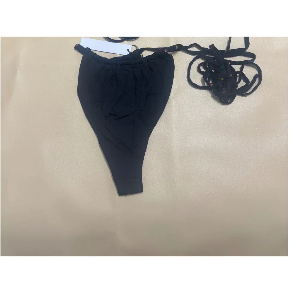 Monica‎ Hansen Beachwear NWT Bikini Bottom Multi Color Crystal Tie  Black Small